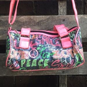 Pink sequined peace and love purse